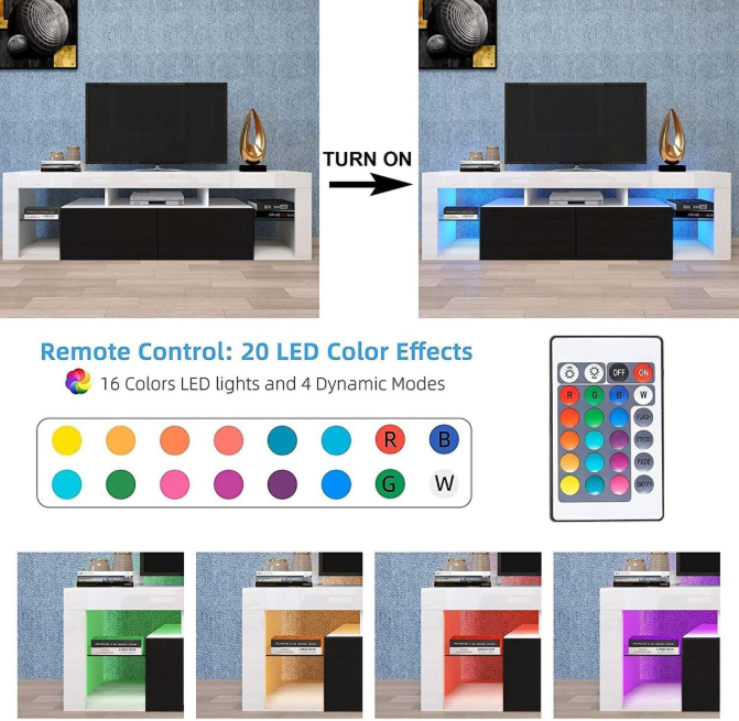 Furnny TV Stand LED Light Media Console Entertainment Center with 2 Drawers