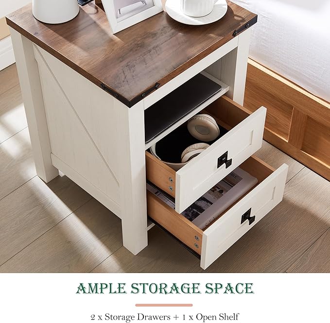 Furnny Farmhouse Nightstand with Charging Station, Rustic 18 Inch End Table with 2 Storage Drawers and Open Shelf