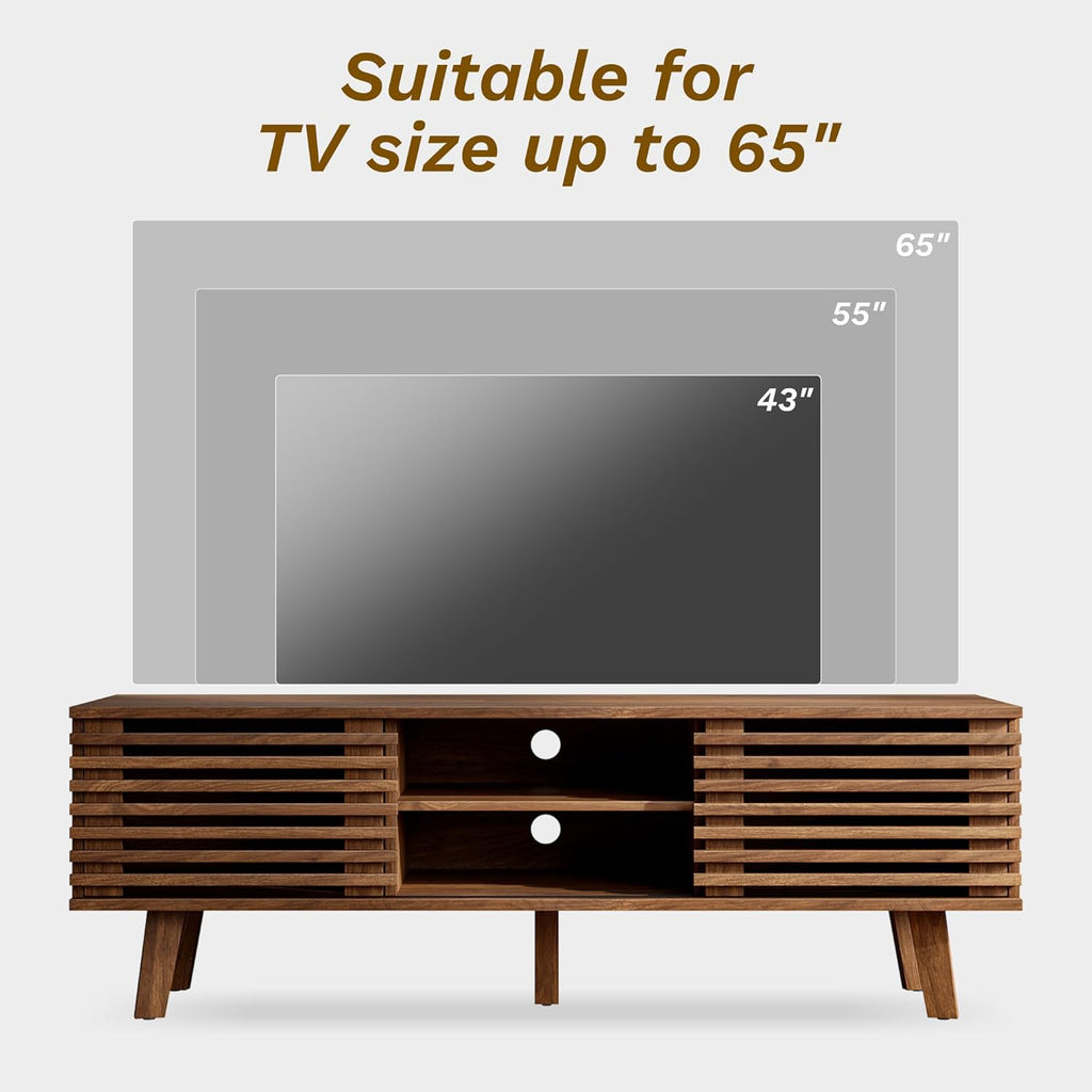 Furnny Walnut Slatted Door TV Stand Storage/Sliding Door/Adjustable Shelves