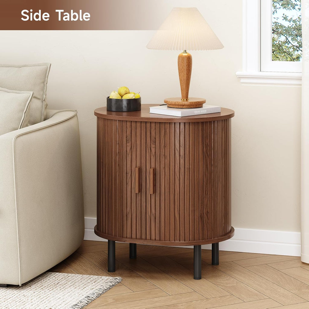 Furnny Walnut Sliding Door Nightstand  with Charging Station End Table for Small Space/Living Room/Bedroom