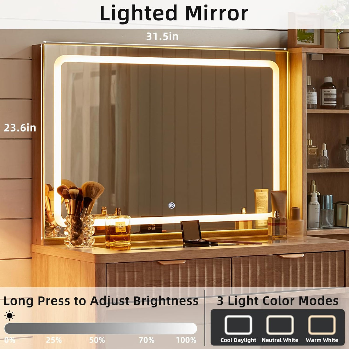 Furnny VSC1 SmartLEDMirror Makeup Vanity  with EU ChargingPorts/GlassTop/Cabinet