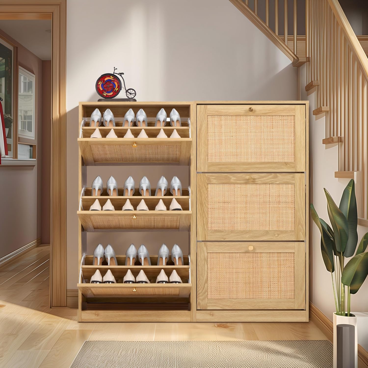 Furnny Rattan 3 Tier Shoe Cabinet with 3 Flip Drawers Adjustable Width Drawers