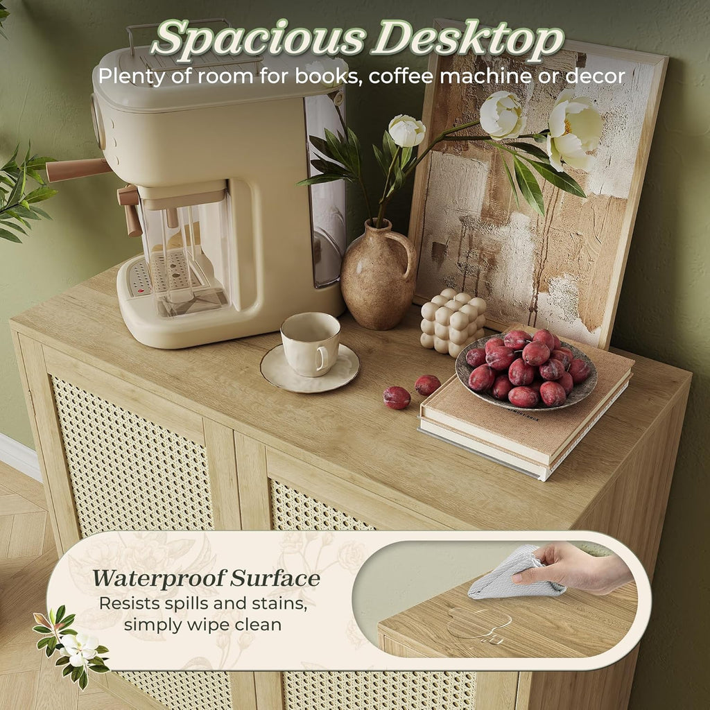 Furnny Rattan Cabinet with Storage Storage Cabinet with Rattan Decor Doors