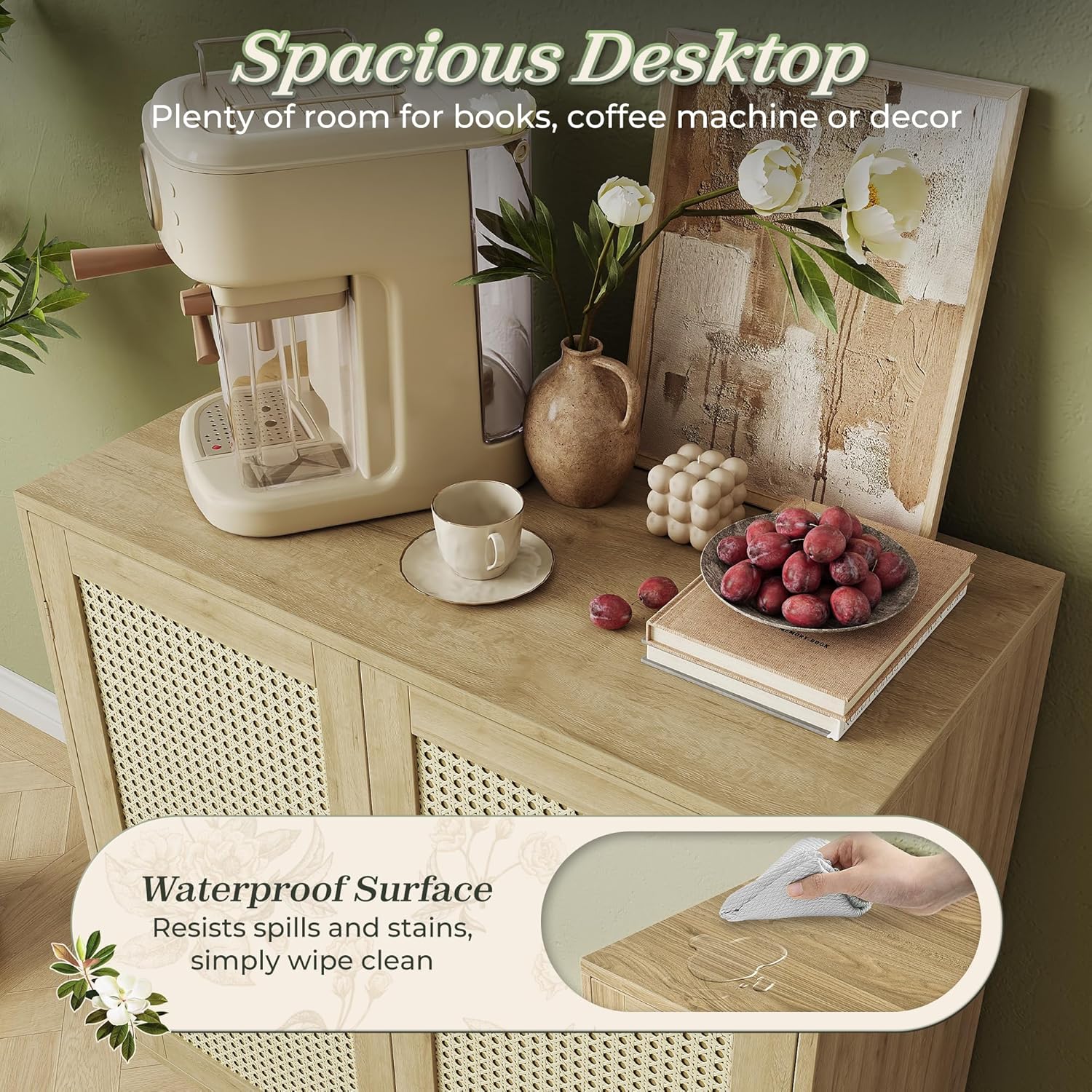 Furnny Rattan Cabinet with Storage Storage Cabinet with Rattan Decor Doors