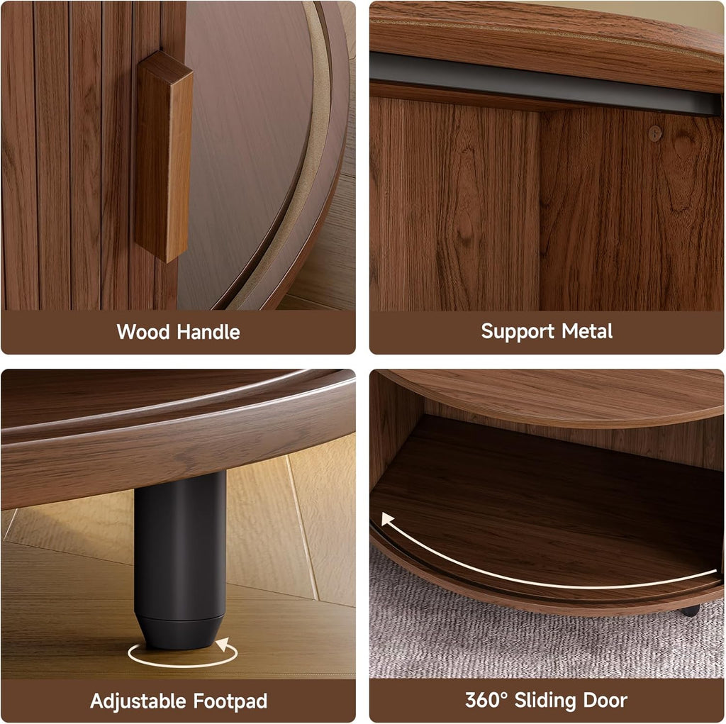 Furnny MS250 Walnut Sliding Door Round Coffee Table Mid Century Modern Storage Table for Living Room