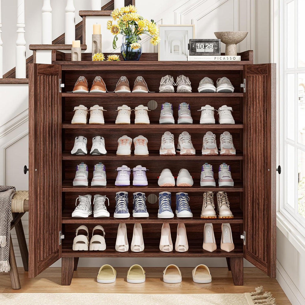 Furnny Walnut Slatted Door Shoe Cabinet 5/6-Tier Shoe Storage Shoe Rack