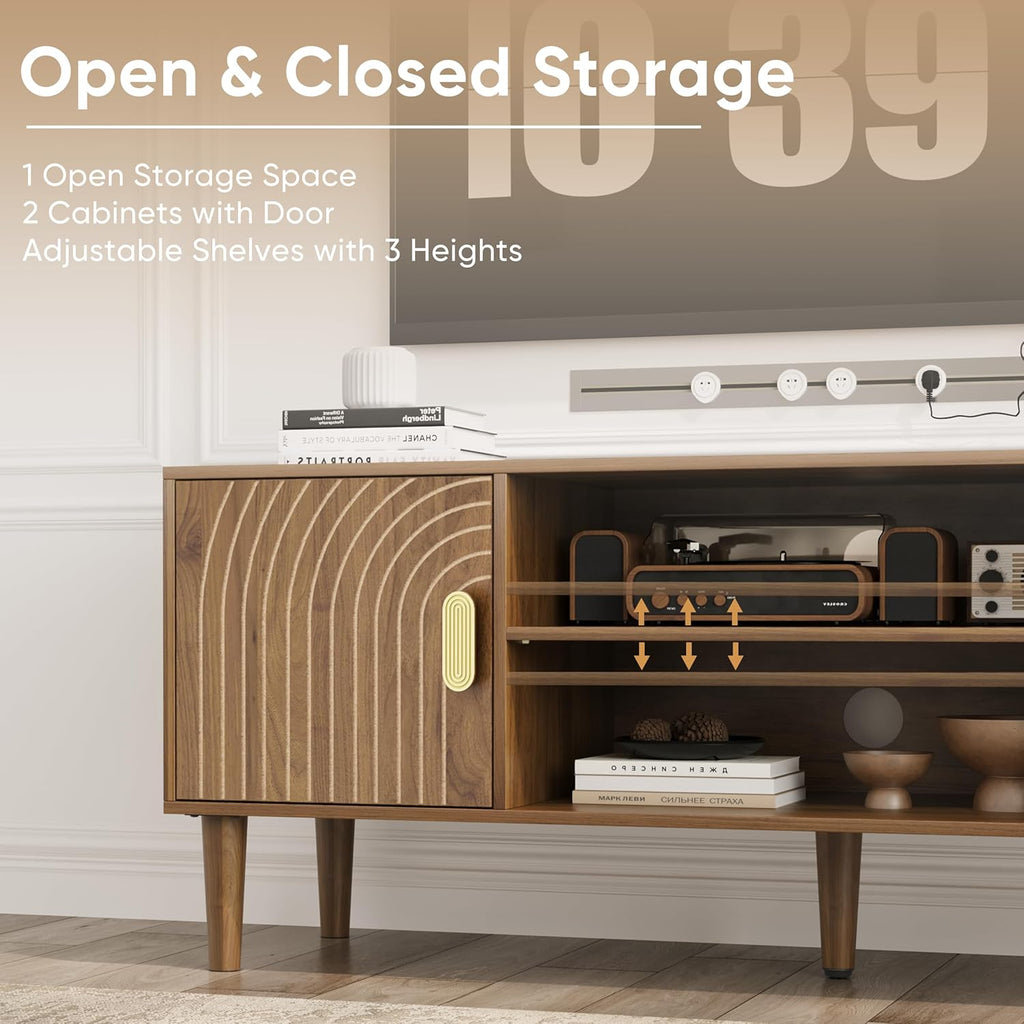 Furnny Walnut TV Stand with Line Groove Design/Adjustable Shelf/2 Cabinets