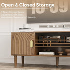 Furnny Walnut TV Stand with Line Groove Design/Adjustable Shelf/2 Cabinets