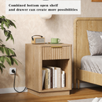 Furnny VSS1 Wood Nightstand with EU Charging Station Beside Table with OpenShelf