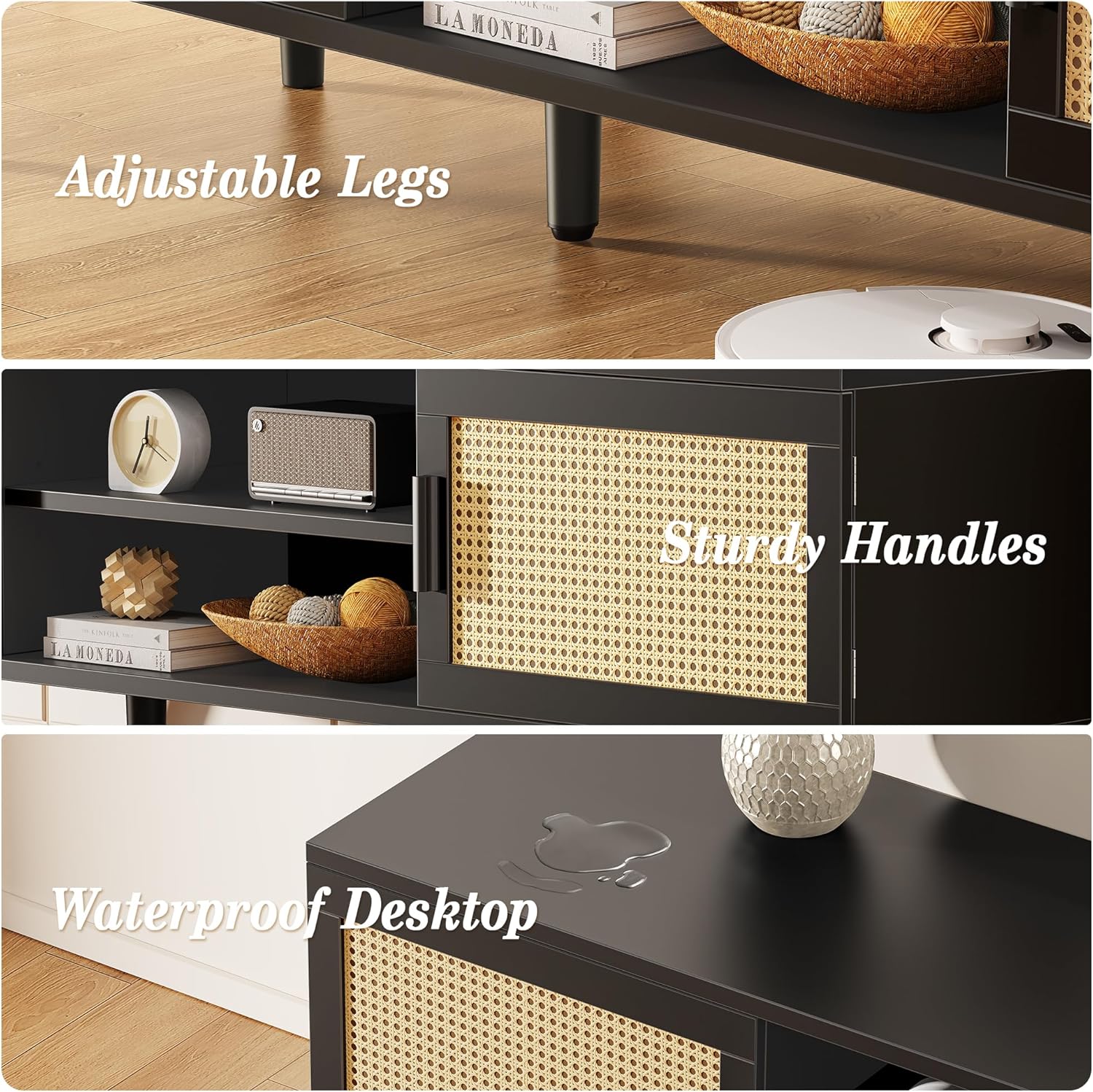 Furnny Rattan TV Stand with 2 Cabinets Rattan TV Console with Solid Wood Feet