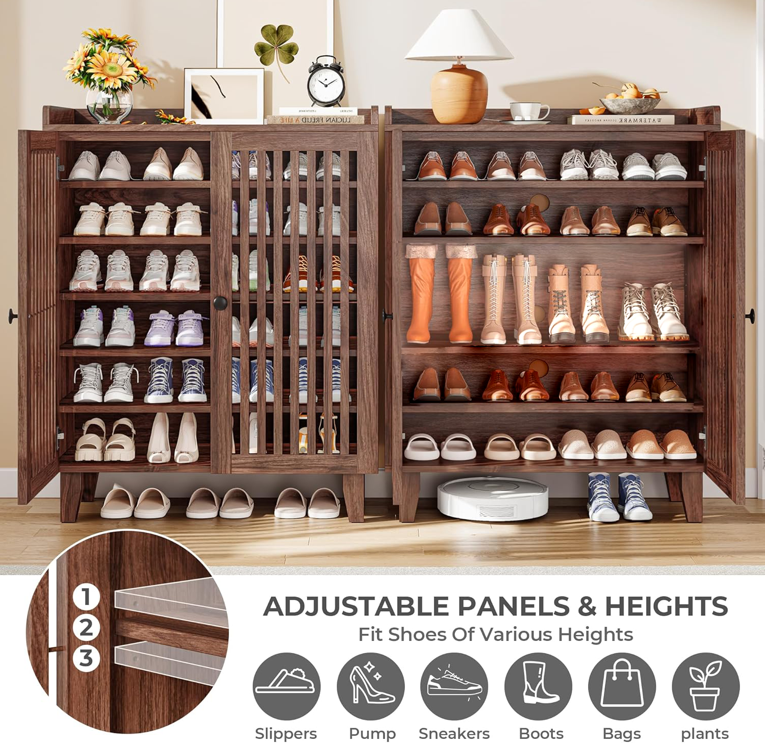 Furnny Walnut Slatted Door Shoe Cabinet 5/6-Tier Shoe Storage Shoe Rack