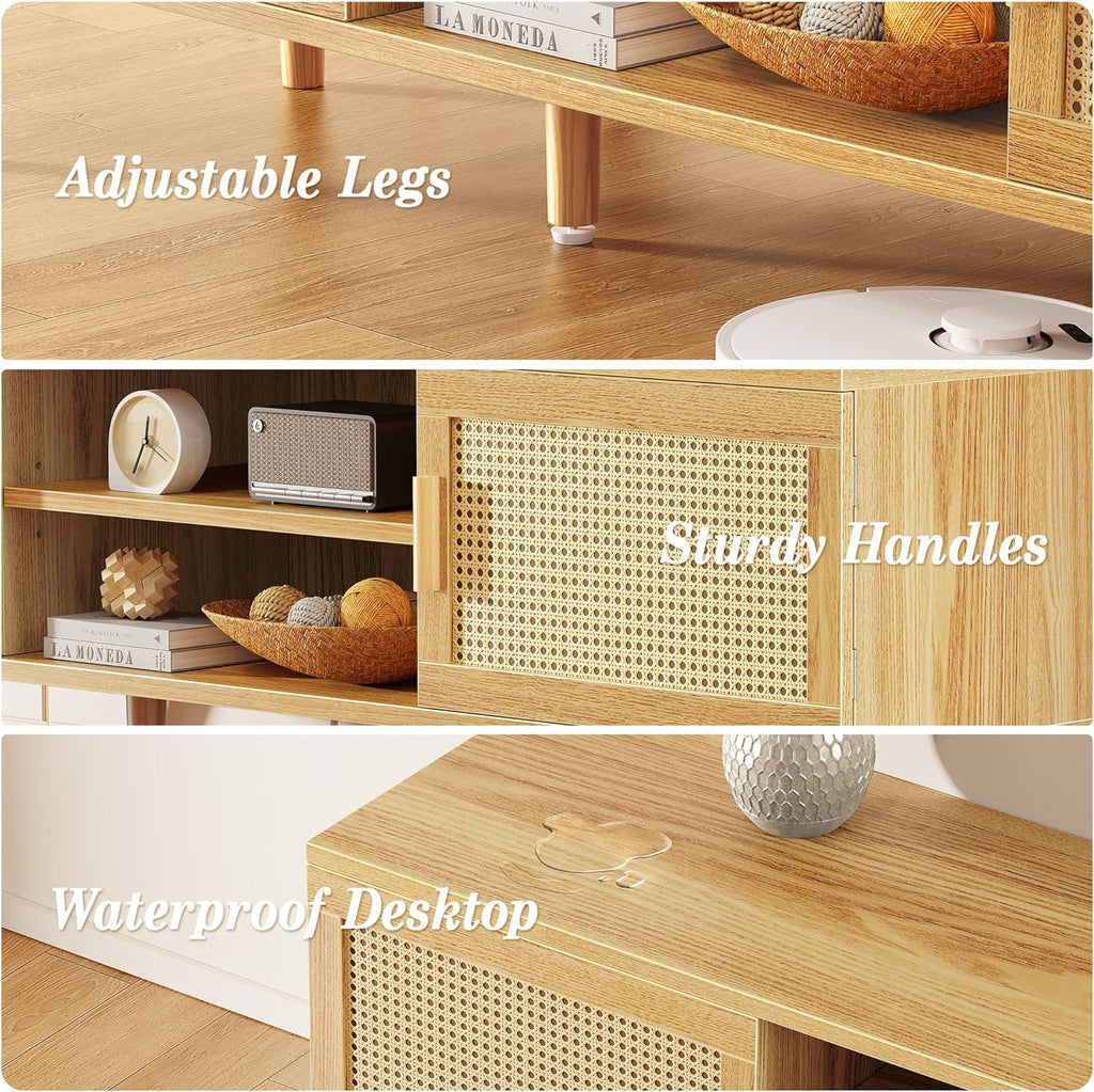 Furnny Rattan TV Stand with 2 Cabinets Rattan TV Console with Solid Wood Feet