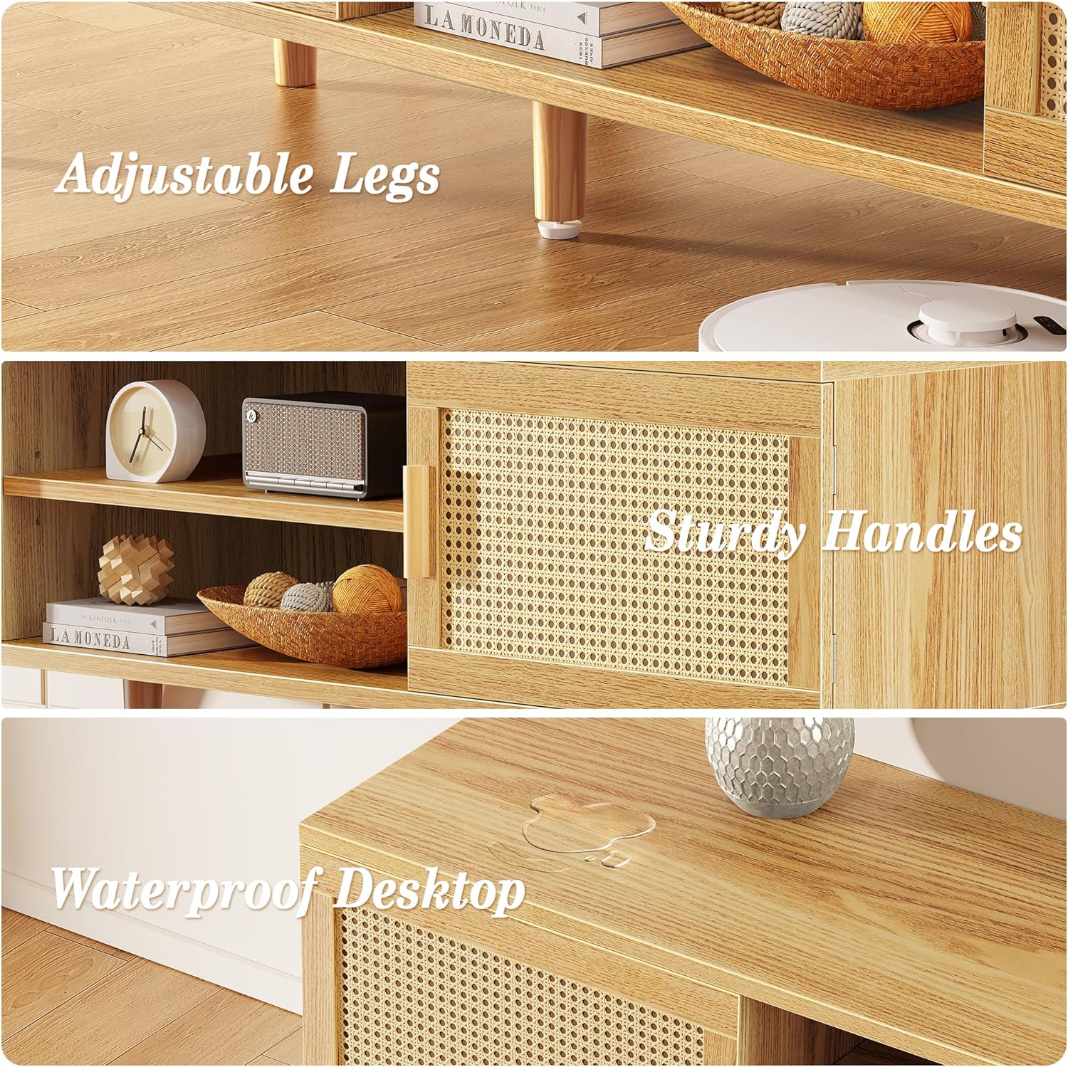 Furnny Rattan TV Stand with 2 Cabinets Rattan TV Console with Solid Wood Feet