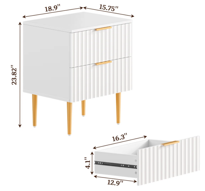 Furnny SWV wavy Design Beside Table Night Stand with 2 Drawers and Gold Legs