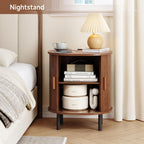 Furnny Walnut Sliding Door Nightstand  with Charging Station End Table for Small Space/Living Room/Bedroom