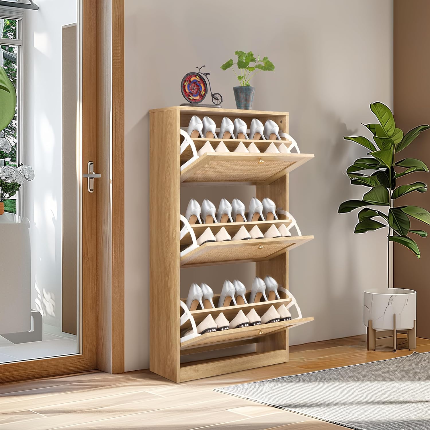 Furnny Rattan 3 Tier Shoe Cabinet with 3 Flip Drawers Adjustable Width Drawers