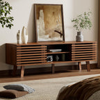 Furnny Walnut Slatted Door TV Stand Storage/Sliding Door/Adjustable Shelves
