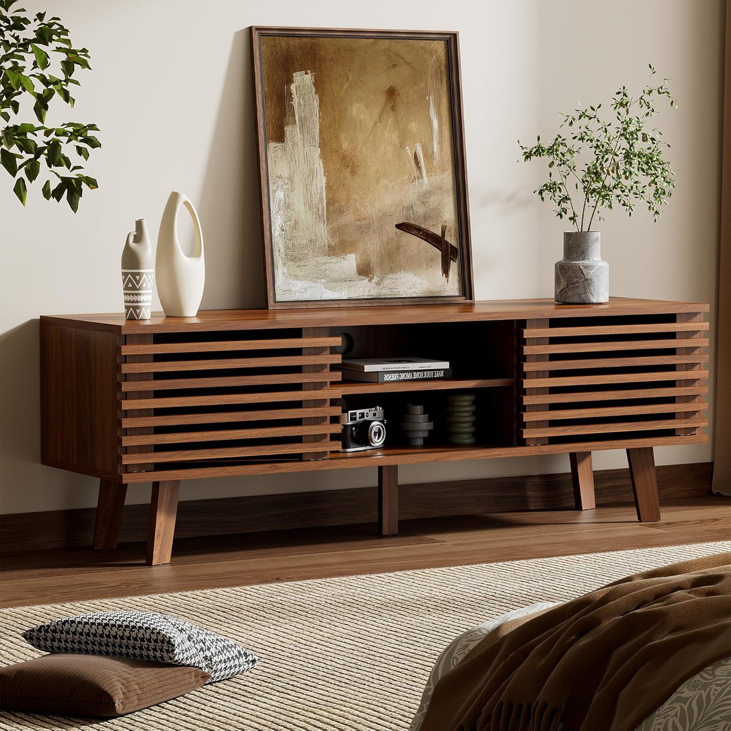 Furnny Walnut Slatted Door TV Stand Storage/Sliding Door/Adjustable Shelves