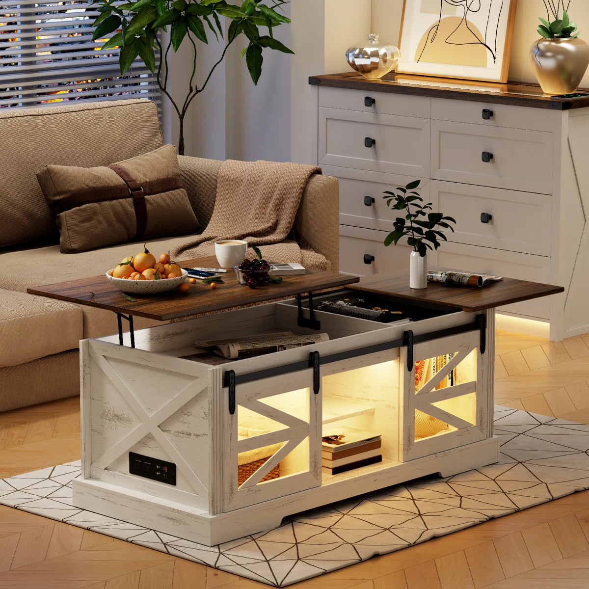 Furnny Lift Top Led Coffee Table With Sliding Barn Door