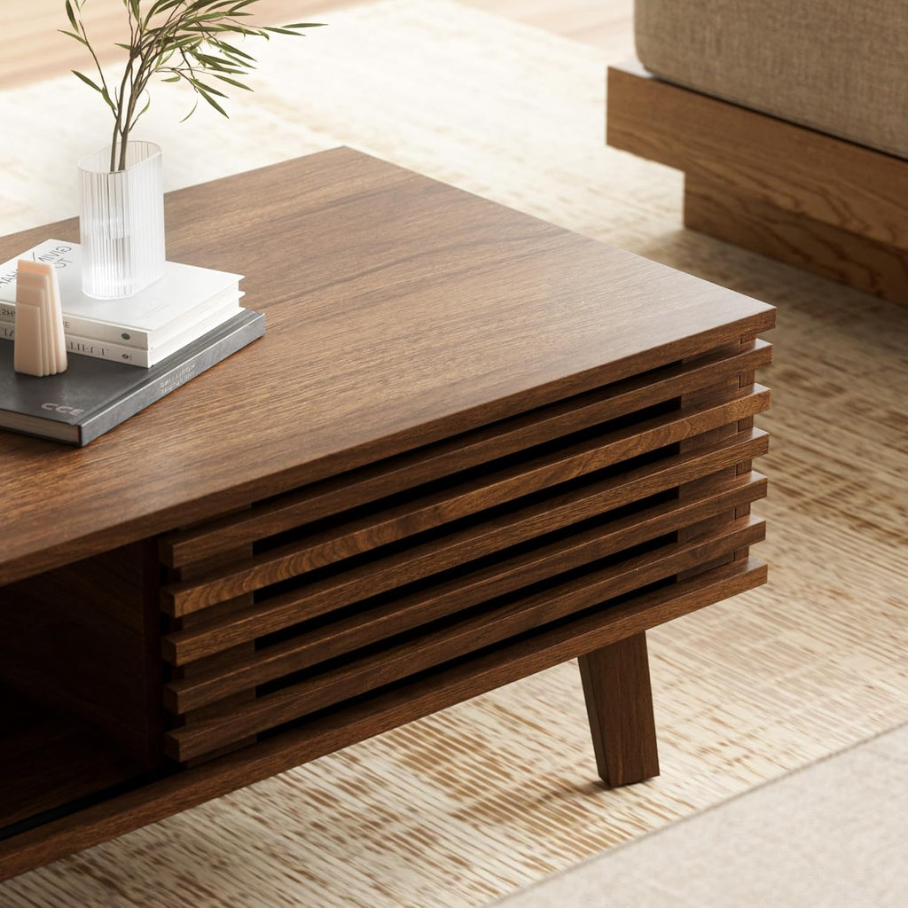 Furnny Walnut Slatted Door Coffee Table Storage/SlidingDoor/for Living Room