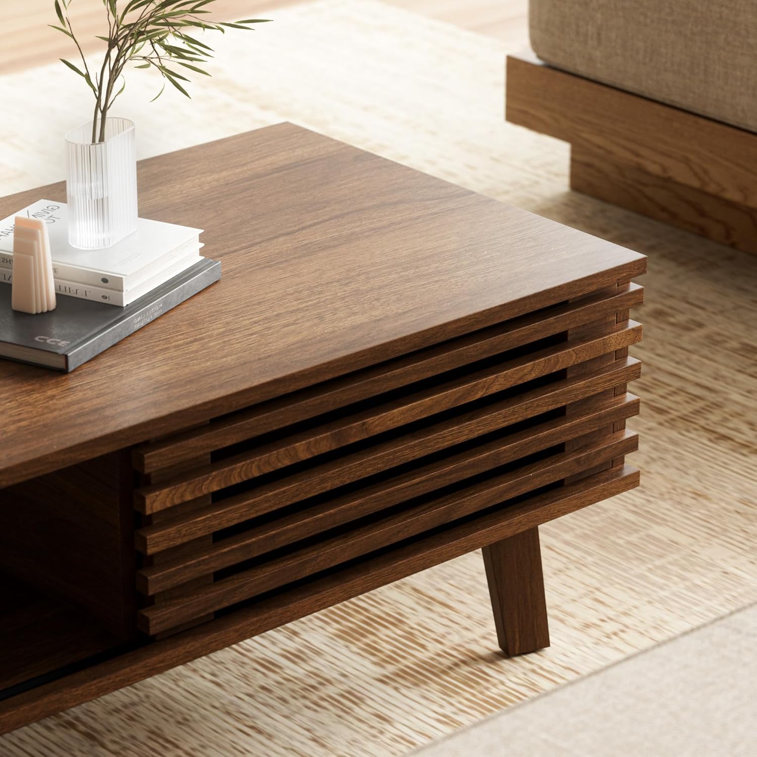 Furnny Walnut Slatted Door Coffee Table Storage/SlidingDoor/for Living Room