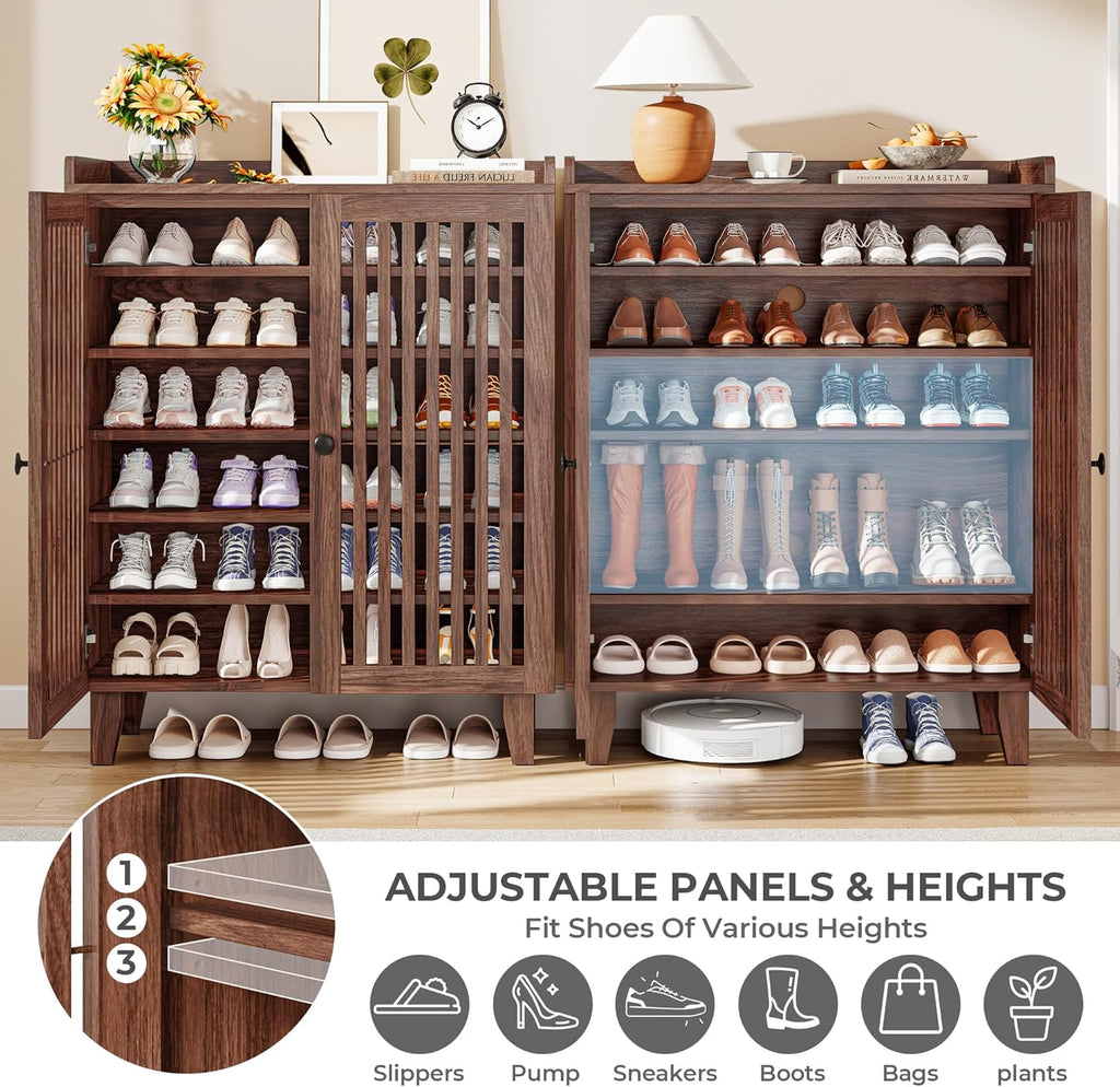 Furnny Walnut Slatted Door Shoe Cabinet 5/6-Tier Shoe Storage Shoe Rack