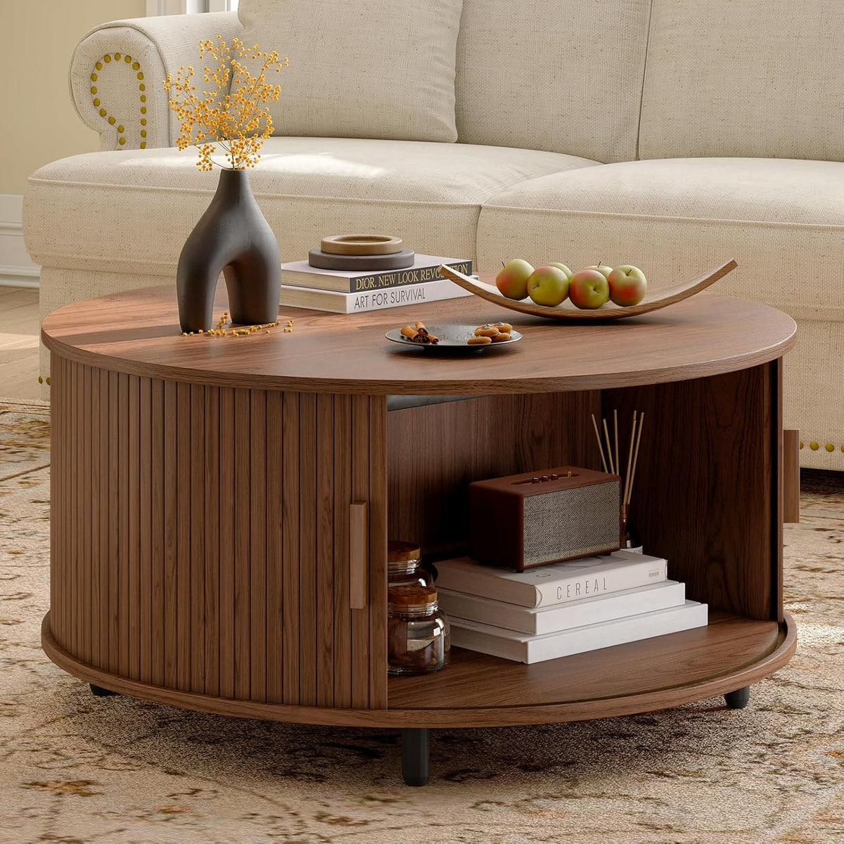 Furnny MS250 Walnut Sliding Door Round Coffee Table Mid Century Modern Storage Table for Living Room