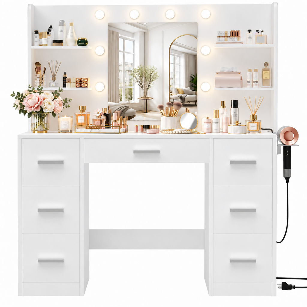 Furnny MLC1 Vanity Desk with Mirror & 10 Lights, 7 Drawers, EU Power Outlet