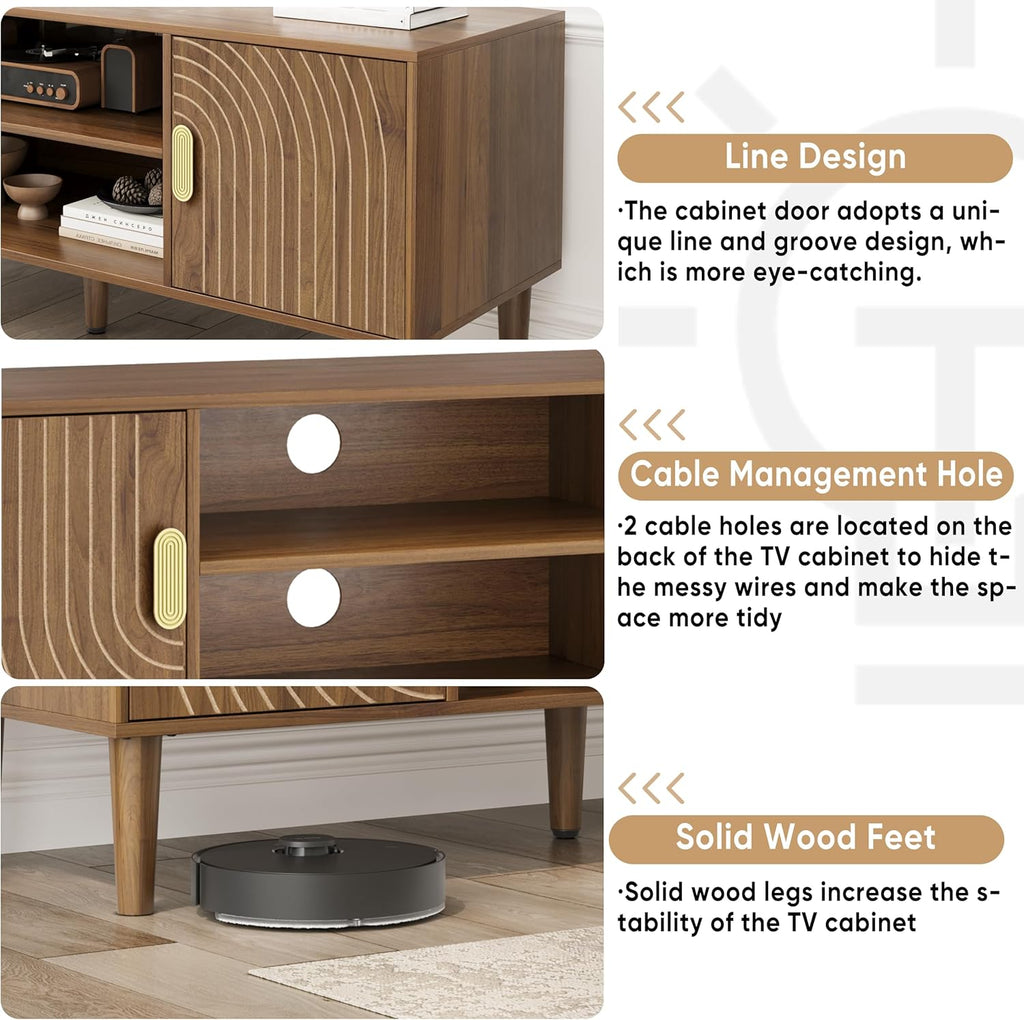 Furnny Walnut TV Stand with Line Groove Design/Adjustable Shelf/2 Cabinets