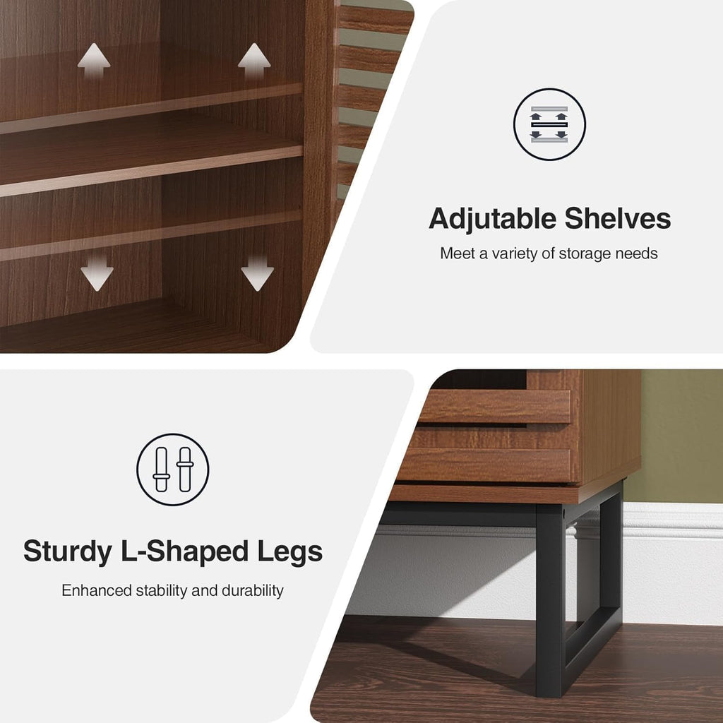 Furnny Walnut Slatted Door Cabinet  Storage Cabinet with Adjustable Shelves
