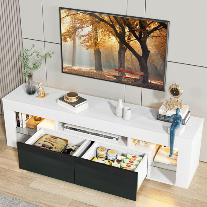 Furnny TV Stand LED Light Media Console Entertainment Center with 2 Drawers