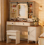 Furnny FLC3 Farmhouse Makeup Vanity with Mirror and Lights, Stool, Charging Station
