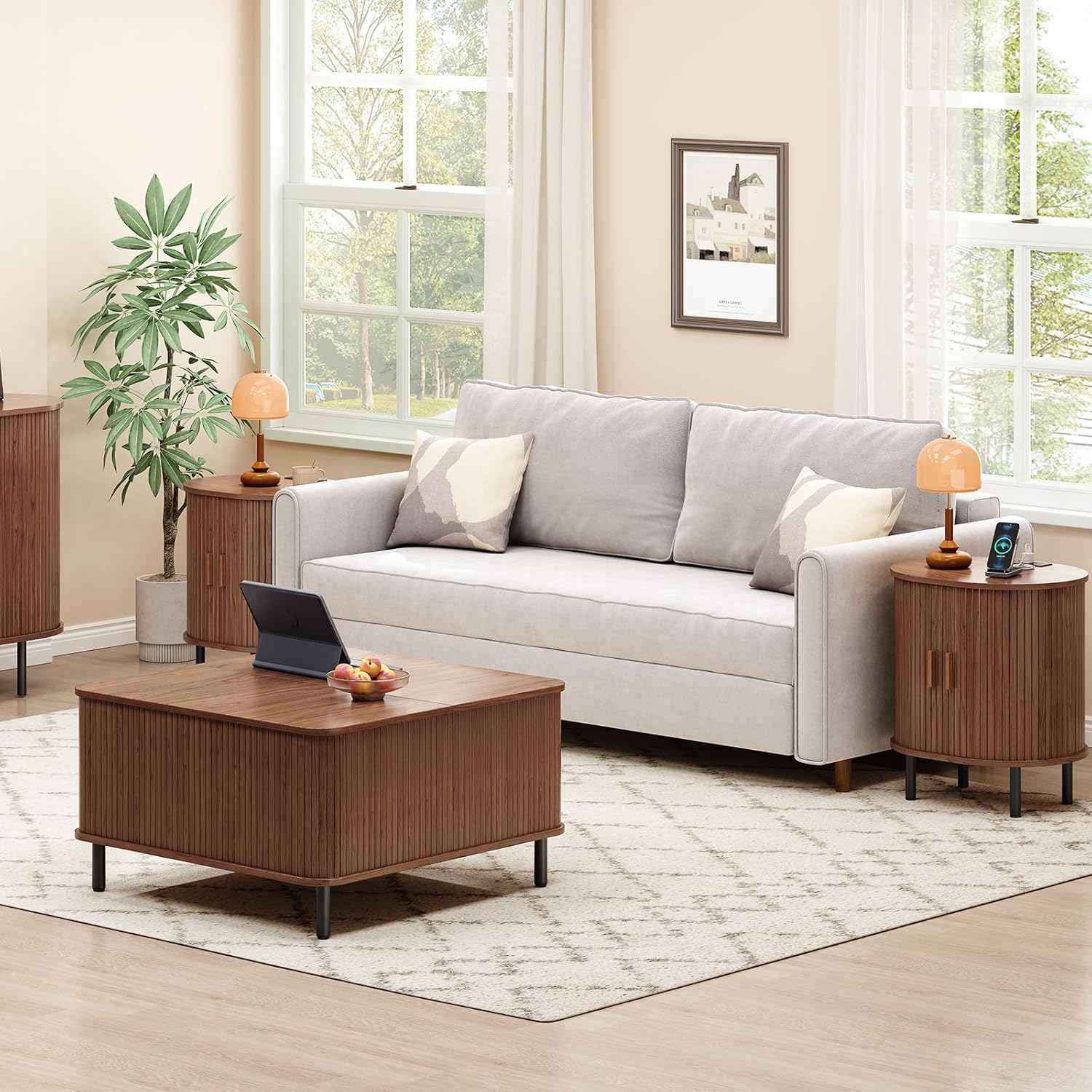 Furnny Walnut Sliding Door Nightstand  with Charging Station End Table for Small Space/Living Room/Bedroom