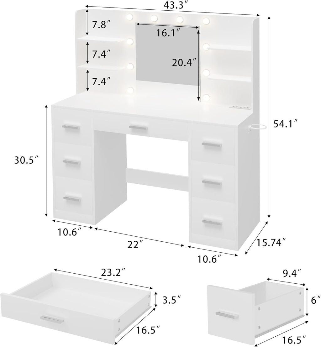 Furnny Vanity Desk with Mirror, LED Lights and Power Outlet Makeup Vanity Table with 7 Drawers and 6 Storage Shelves