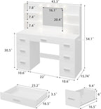 Furnny Vanity Desk with Mirror, LED Lights and Power Outlet Makeup Vanity Table with 7 Drawers and 6 Storage Shelves