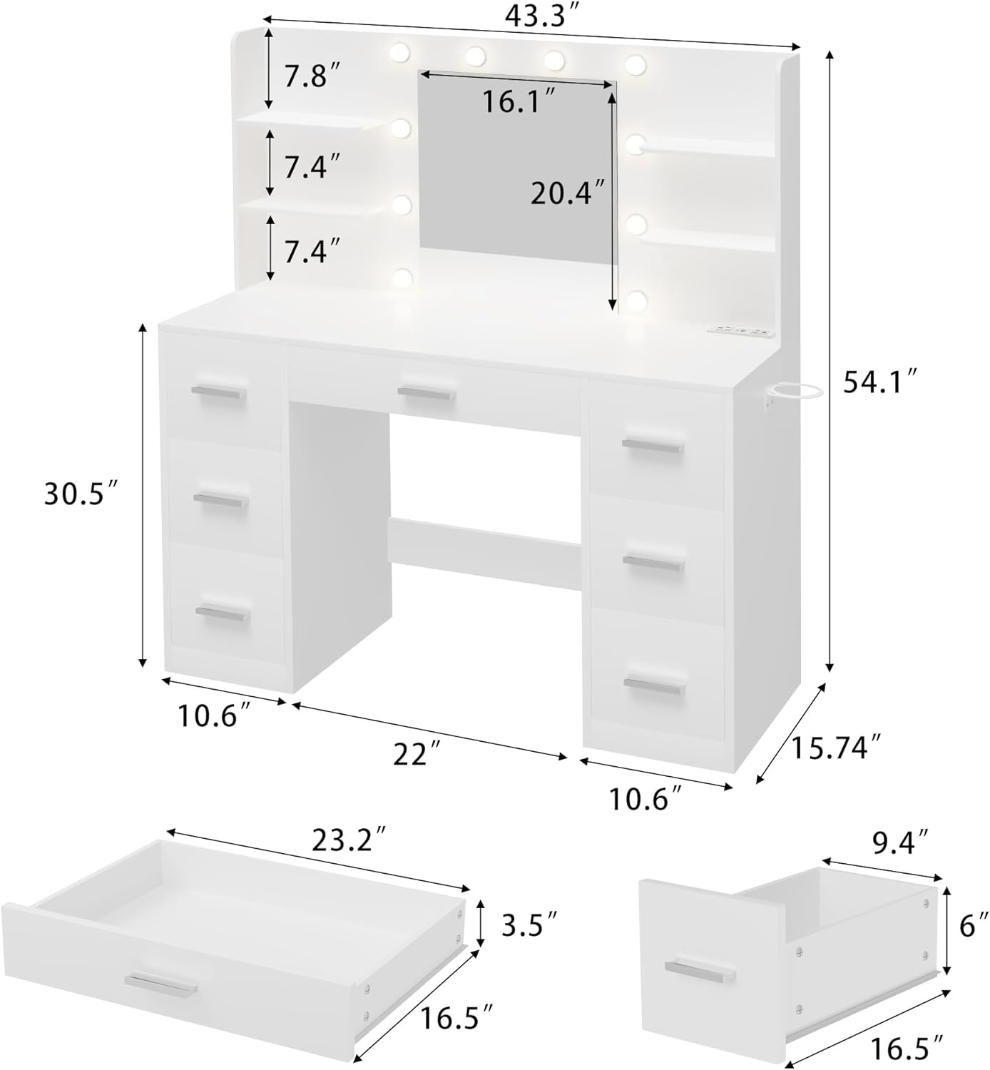 Furnny Vanity Desk with Mirror, LED Lights and Power Outlet Makeup Vanity Table with 7 Drawers and 6 Storage Shelves