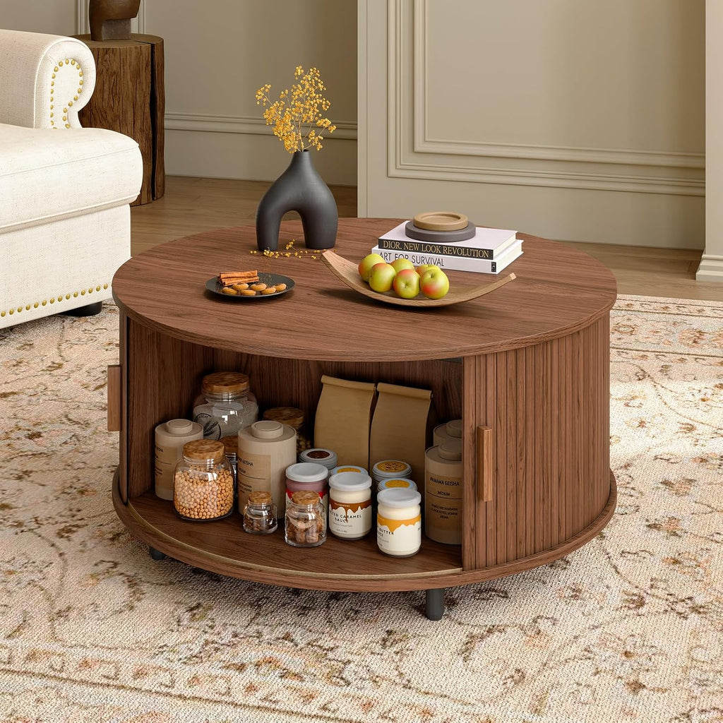 Furnny MS250 Walnut Sliding Door Round Coffee Table Mid Century Modern Storage Table for Living Room