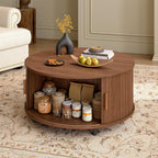Furnny MS250 Walnut Sliding Door Round Coffee Table Mid Century Modern Storage Table for Living Room