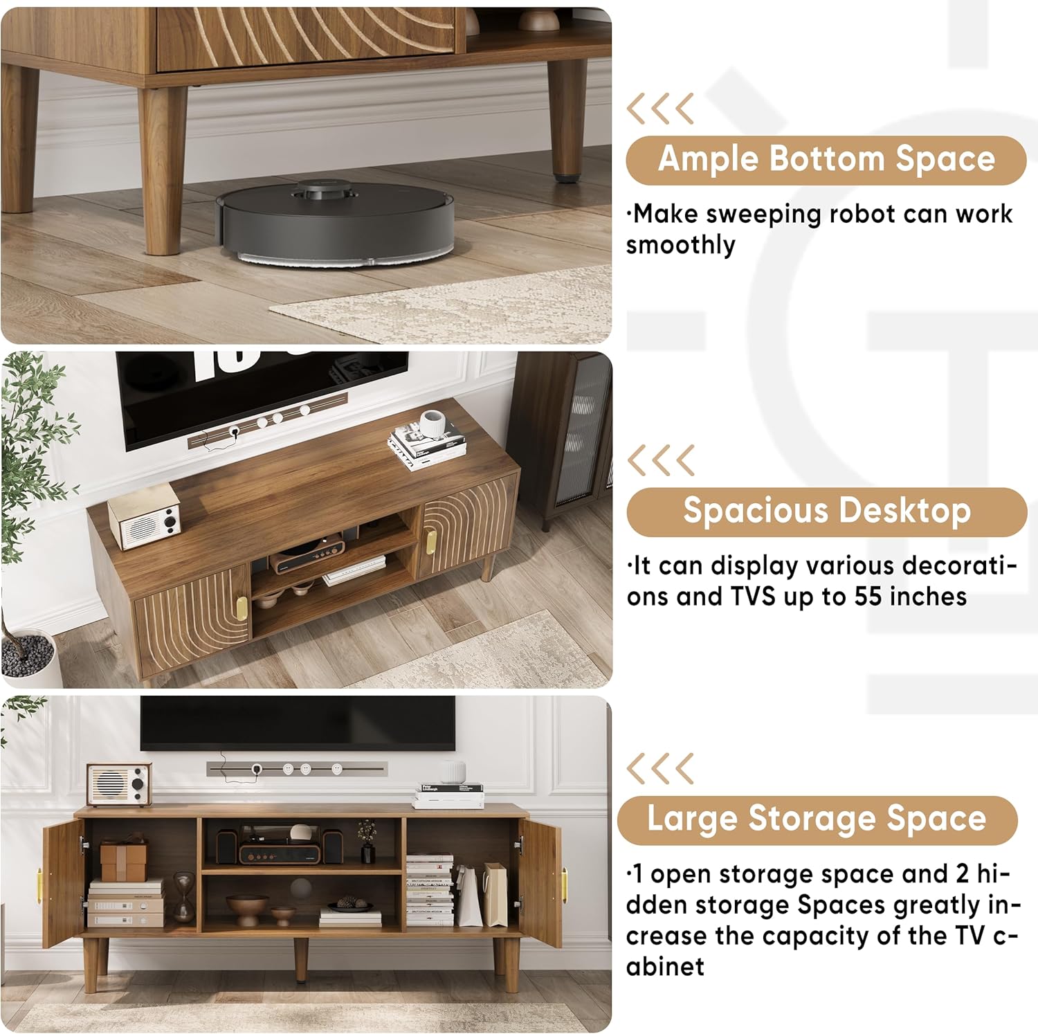 Furnny Walnut TV Stand with Line Groove Design/Adjustable Shelf/2 Cabinets
