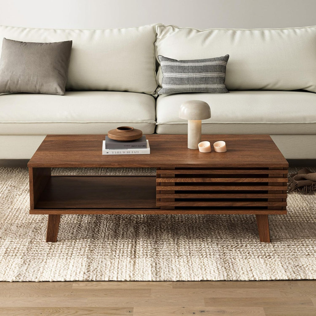 Furnny Walnut Slatted Door Coffee Table Storage/SlidingDoor/for Living Room