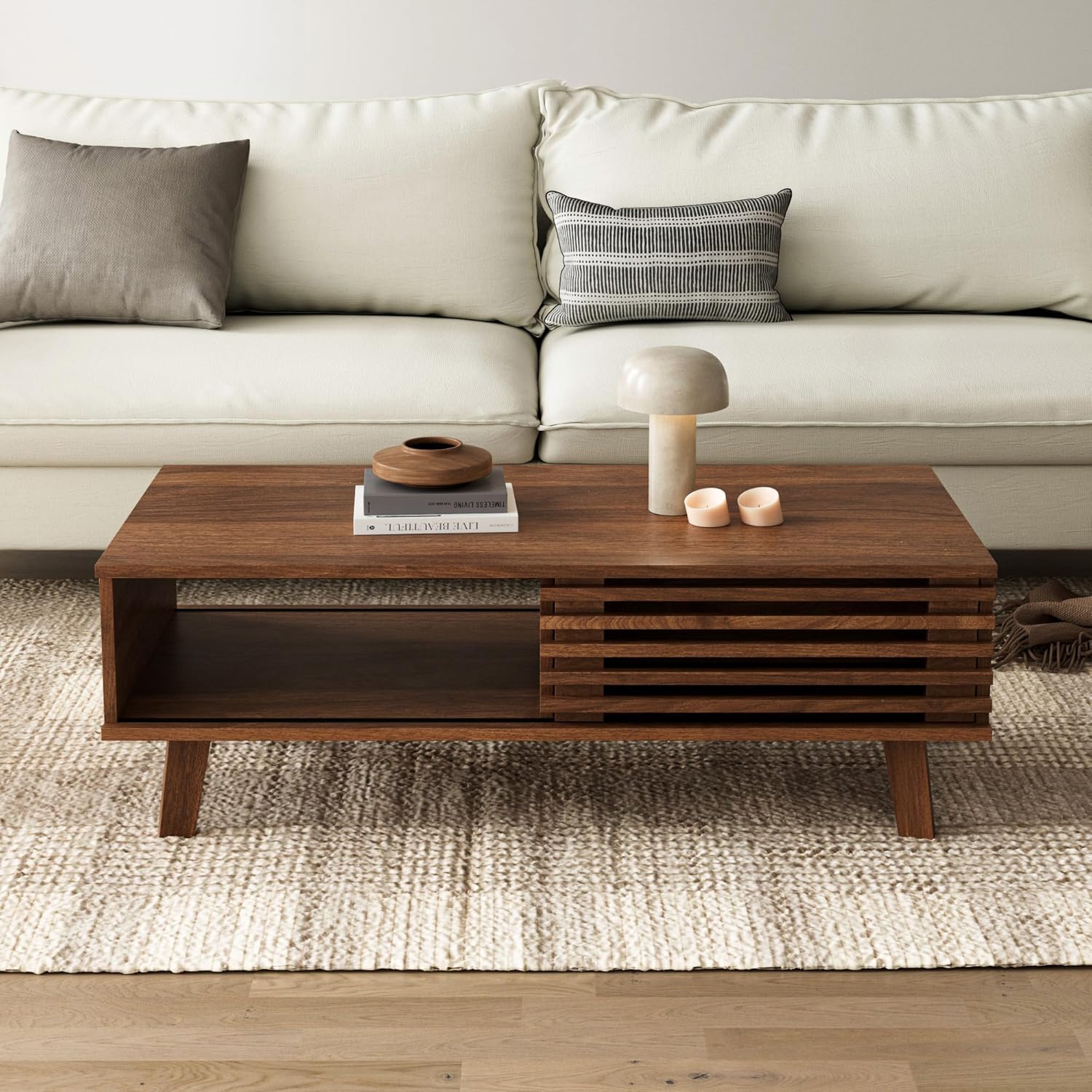 Furnny Walnut Slatted Door Coffee Table Storage/SlidingDoor/for Living Room
