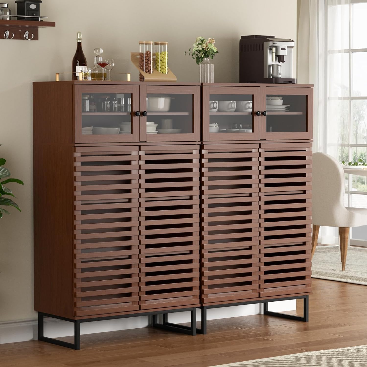 Furnny Walnut Slatted Door Cabinet  Storage Cabinet with Adjustable Shelves