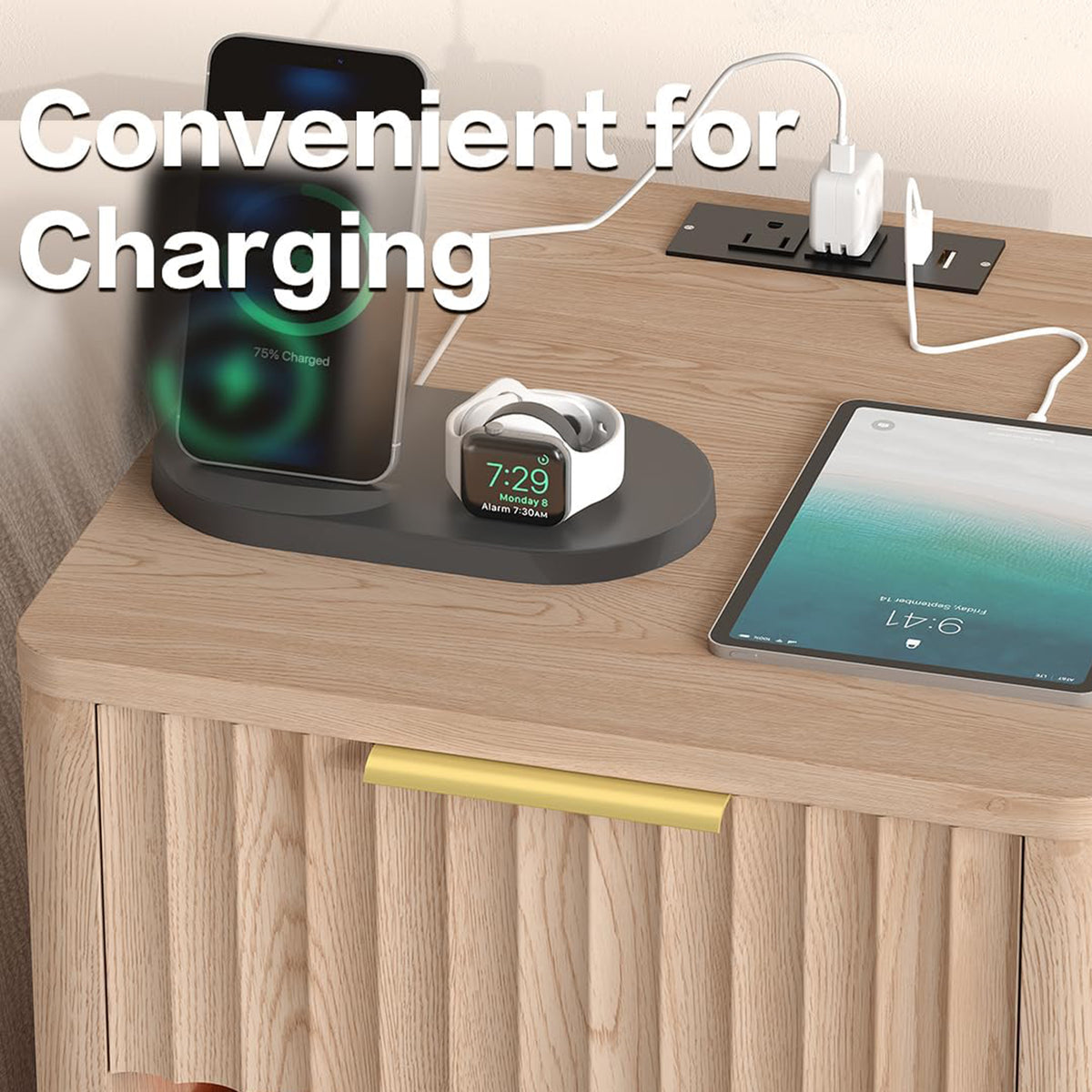 Furnny VSS1 Wood Nightstand with EU Charging Station Beside Table with OpenShelf