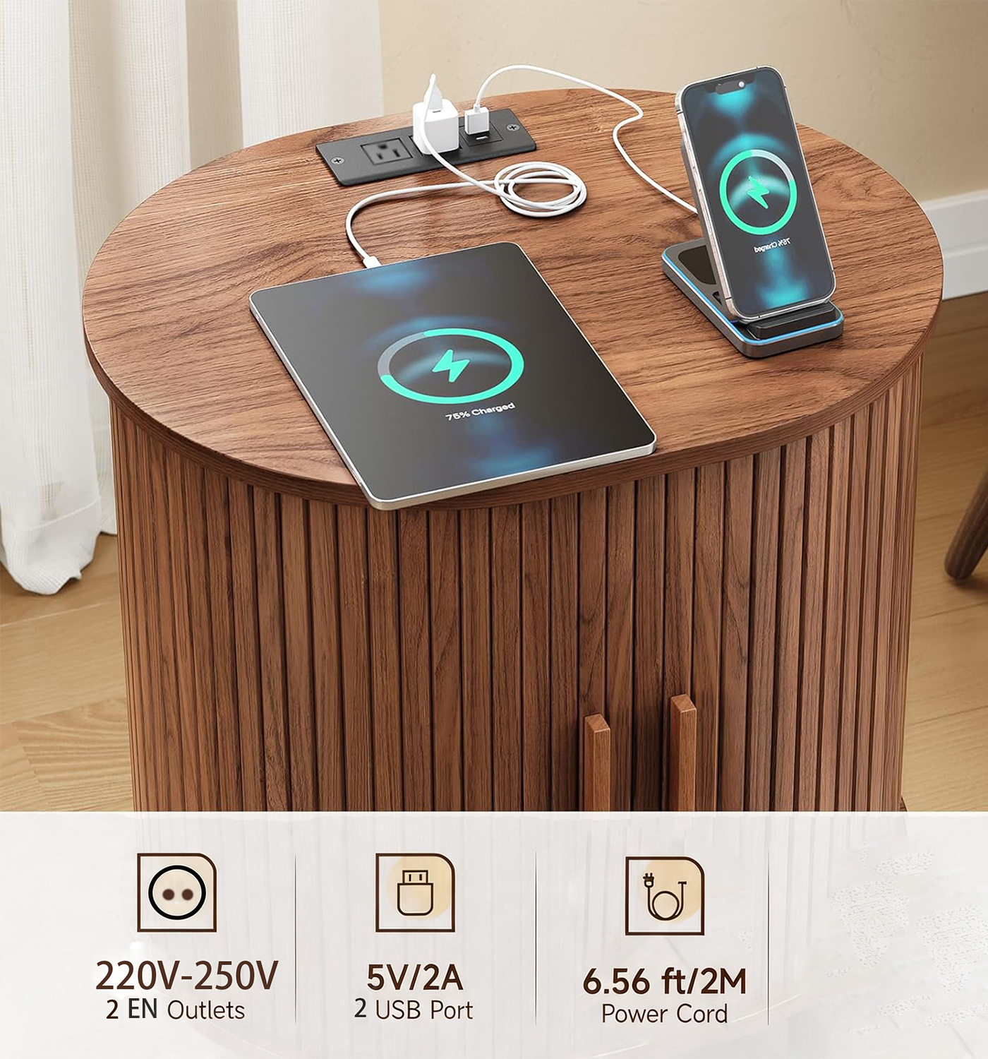 Furnny Walnut Sliding Door Nightstand  with Charging Station End Table for Small Space/Living Room/Bedroom