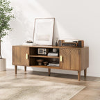 Furnny Walnut TV Stand with Line Groove Design/Adjustable Shelf/2 Cabinets