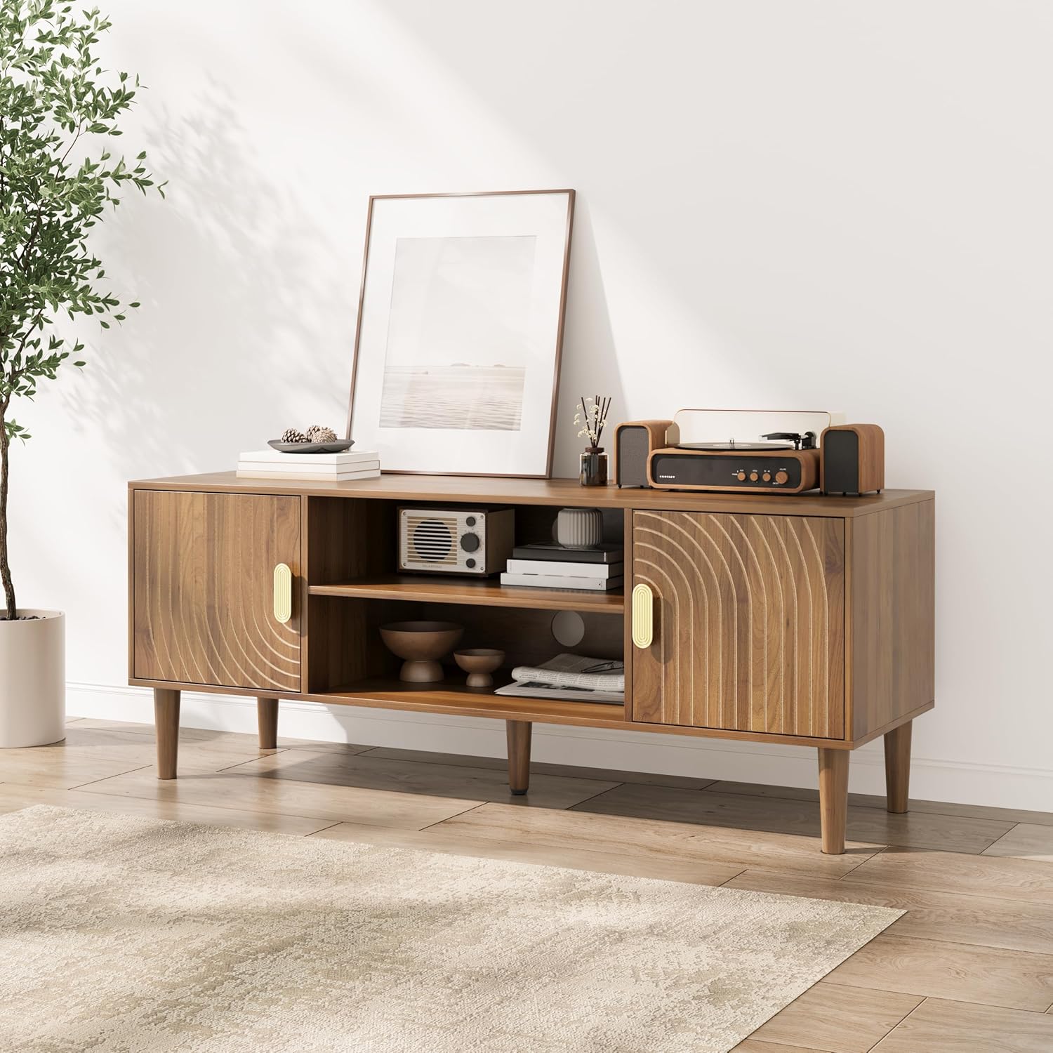 Furnny Walnut TV Stand with Line Groove Design/Adjustable Shelf/2 Cabinets