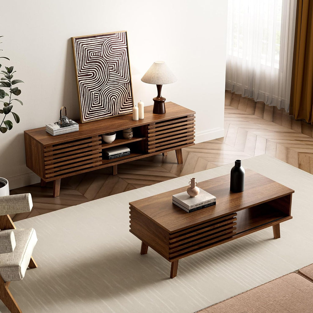 Furnny Walnut Slatted Door TV Stand Storage/Sliding Door/Adjustable Shelves