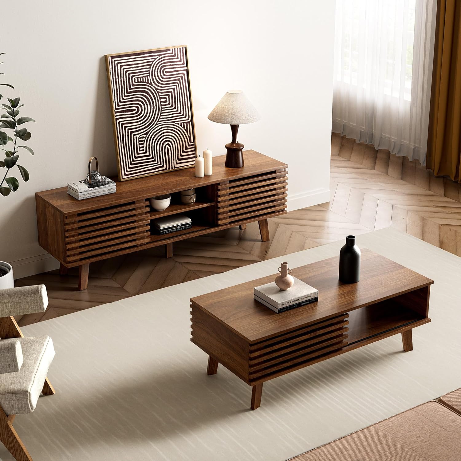Furnny Walnut Slatted Door TV Stand Storage/Sliding Door/Adjustable Shelves