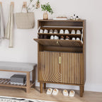Furnny Walnut Wood Grain Shoe Cabinet with 2 Adjustable Width Flip Drawers