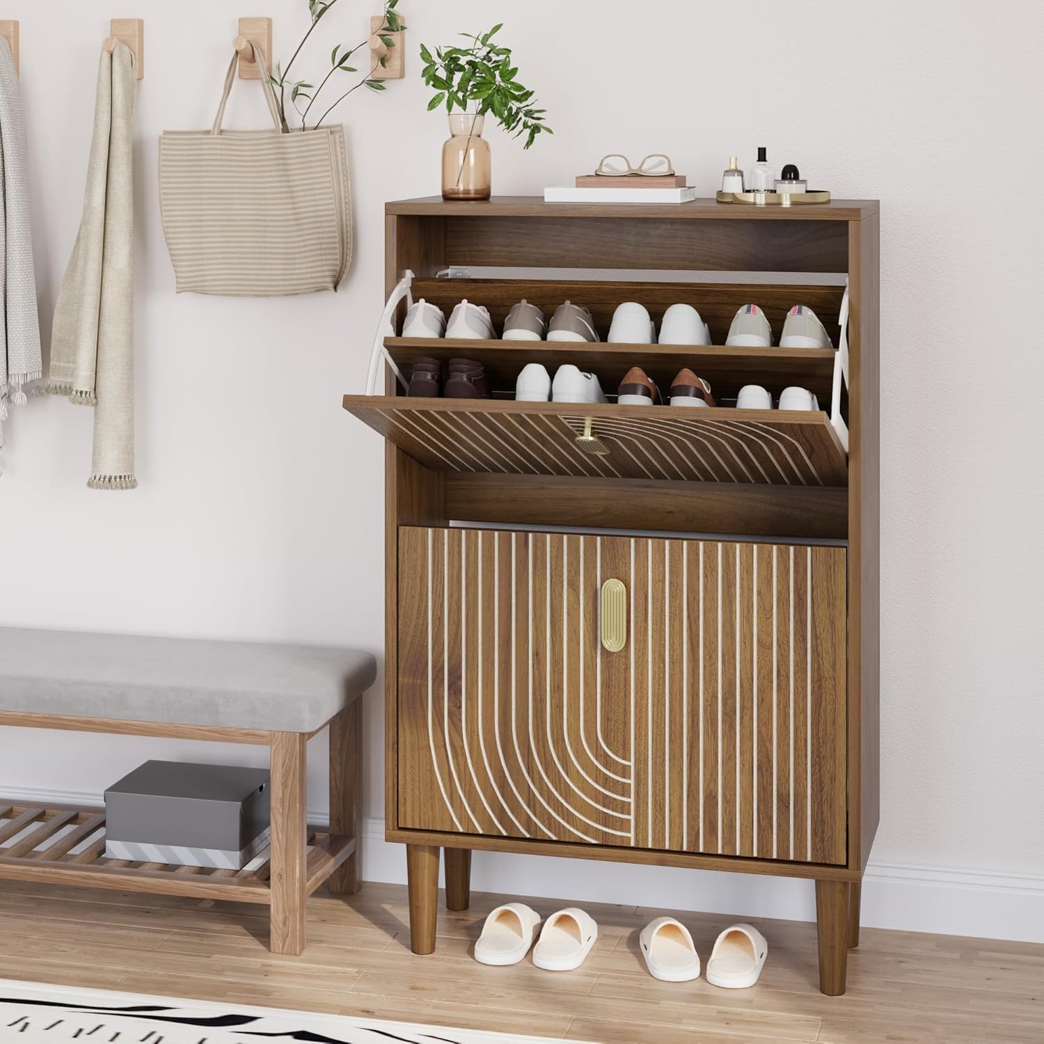 Furnny Walnut Wood Grain Shoe Cabinet with 2 Adjustable Width Flip Drawers